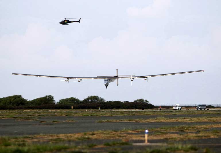 The Solar Impulse 2 airplane lands at Kalaeloa Airport in Kapolei after flying non-stop from  Japan