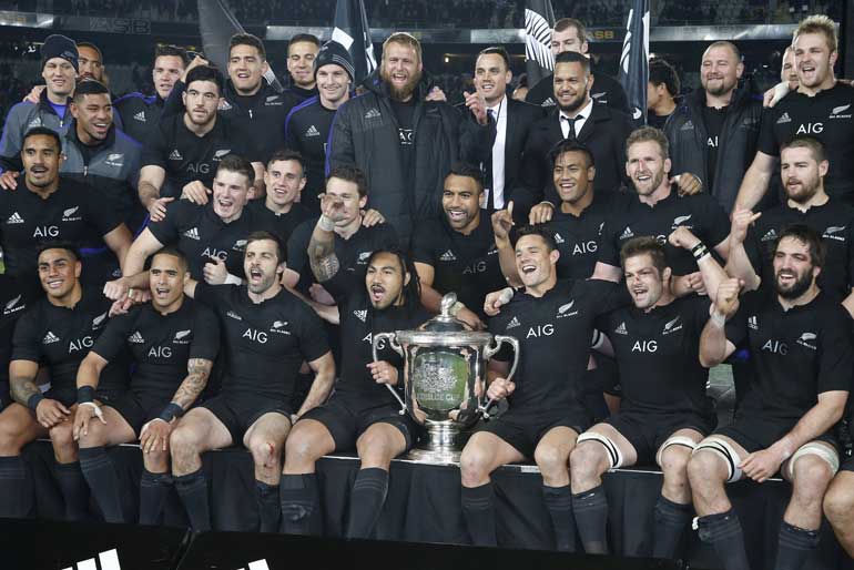 New Zealand's All Black's celebrate winning against Australia after their Bledisloe Cup rugby match at Eden Park in Auckland