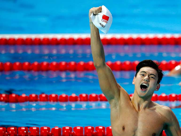 China's Ning Zetao celebrates after winning the men's 100m freestyle final at the Aquatics World Championships in Kazan