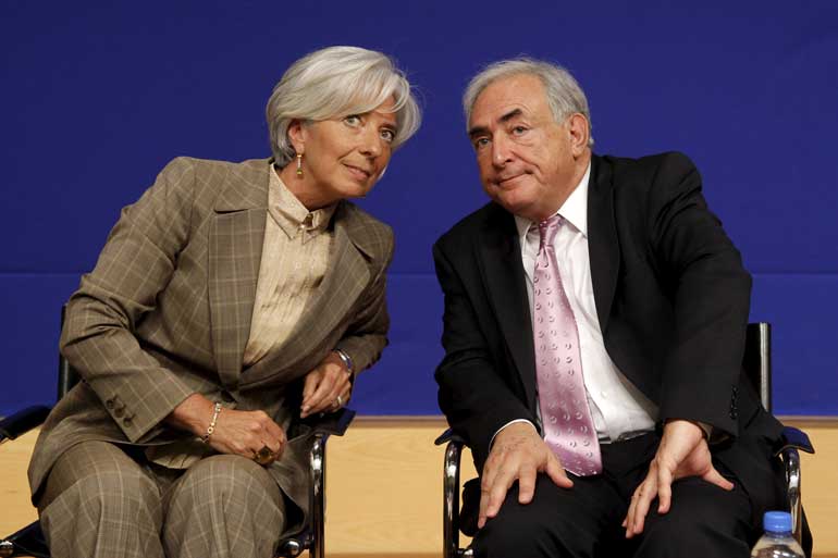 File photo of French Finance Minister Lagarde speaking with IMF Managing Director Strauss-Kahn at a conference on Sino-European economic relations in Paris