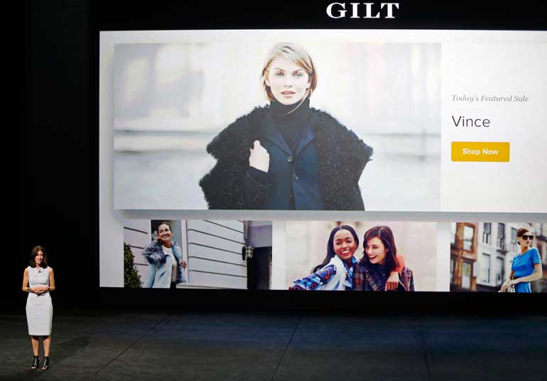 Gilt Groupe CEO Michelle Peluso discusses her app for Apple TV during an Apple media event in San Francisco, California