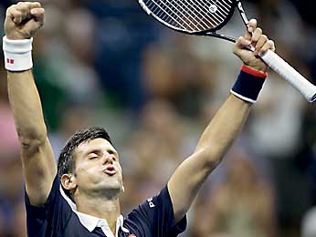 Novak Djokovic of Serbia celebrates defeating Feliciano Lopez in their quarterfinal match at the U.S. Open Championships tennis tournament in New York