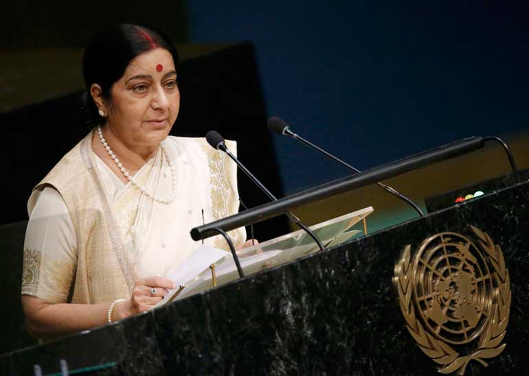India's Minister of External Affairs Sushma Swaraj addresses attendees during the 70th session of the United Nations General Assembly at the U.N. Headquarters in New York