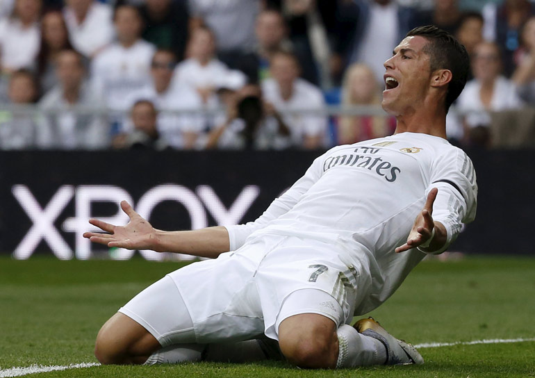 Real Madrid's striker Cristiano Ronaldo reacts during their Spanish First Division soccer match against Levante at Santiago Bernabeu stadium in Madrid