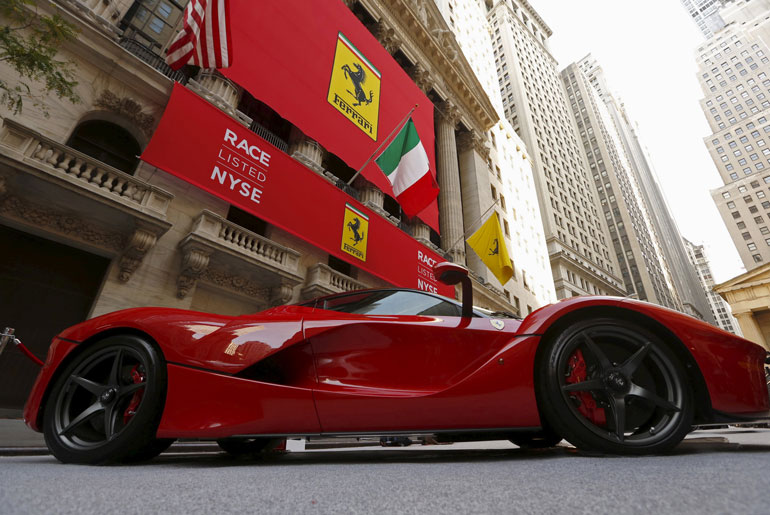 A Ferrari sports car is seen outside NYSE