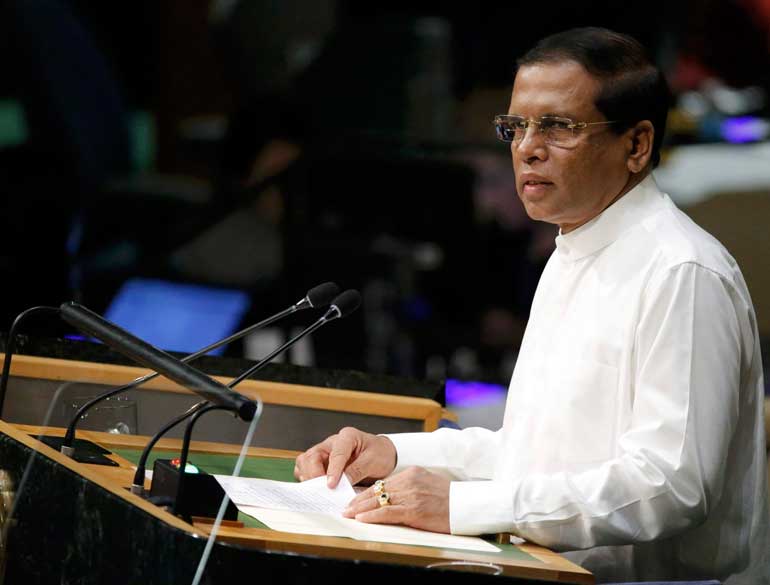 President Maithripala Sirisena of Sri Lanka addresses attendees during the 70th session of the United Nations General Assembly at the U.N. Headquarters in New York