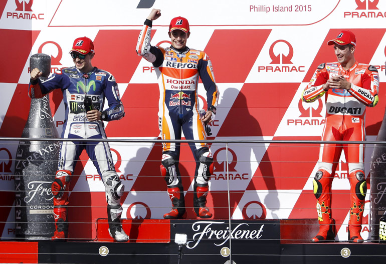 Honda MotoGP rider Marquez of Spain celebrates after winning the Australian Grand Prix on Phillip Island