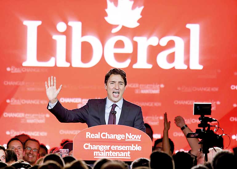 Liberal Party leader Justin Trudeau gives his victory speech after Canada's federal election in Montreal