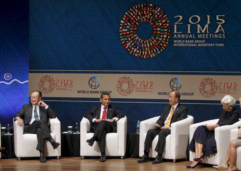 World Bank President Kim, Peru's President Humala, U.N. Secretary-General Ban and IMF Managing Director Lagarde attend a session at the 2015 IMF/World Bank Annual Meetings in Lima