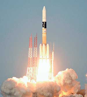 H-IIA rocket, Telesat's broadcast and telecommunication satellite, lifts off from the launching pad at Tanegashima Space Center on the Japanese southwestern island of Tanegashima