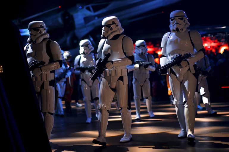 Characters of Star Wars take part in an event held for the release of the film "Star Wars: The Force Awakens" in Disneyland Paris