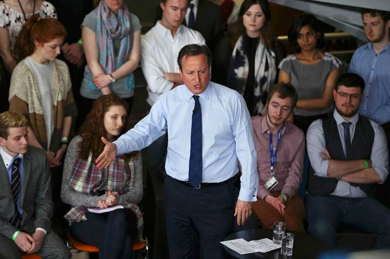 Britain's Prime Minister David Cameron addresses students at Exeter University in Exeter