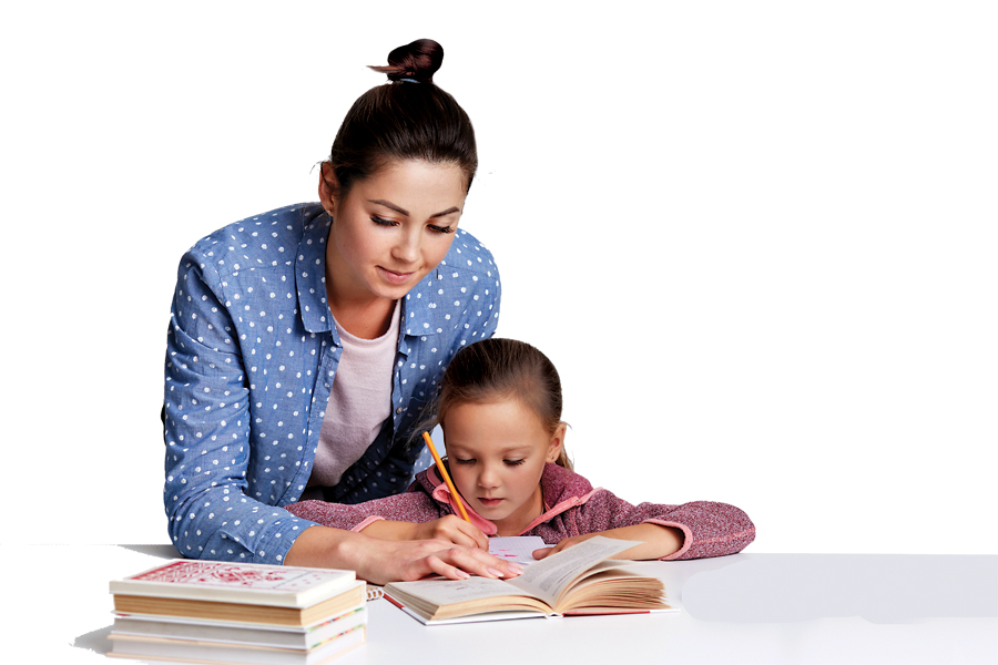 Beautiful Caucasian woman helping her doughter to do school homework, mother and child surronded by books, little girl sitting concentrated at white desk, trying to do sums. Education concept.